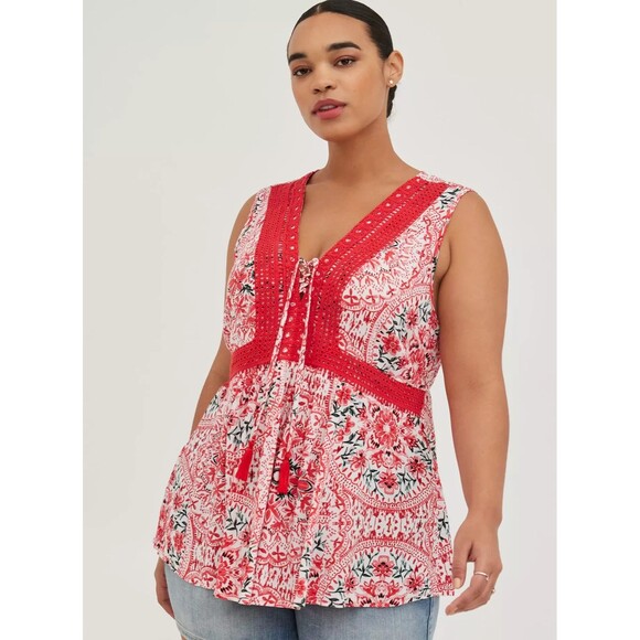 Torrid 2 Babydoll Crinkle Gauze Crochet Inset Lace-Up Top Red - Picture 1 of 6